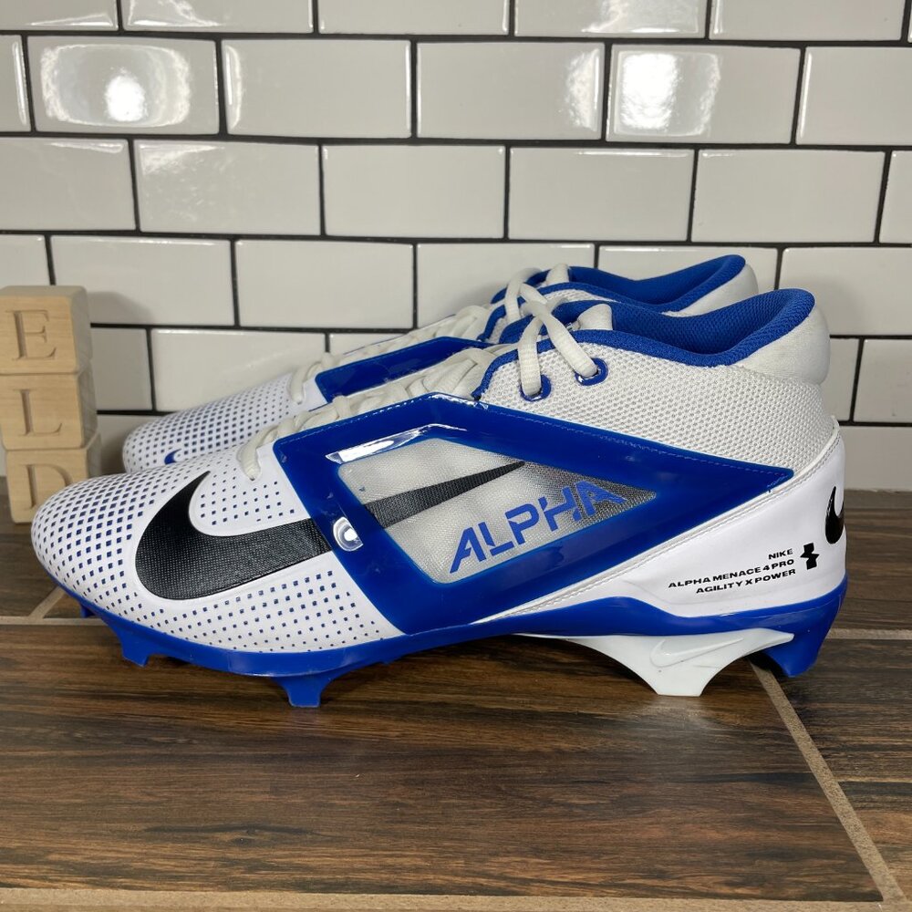 Nike Alpha Menace 4 Pro Shoes Mens Size 13 White Blue Black Football Cleats